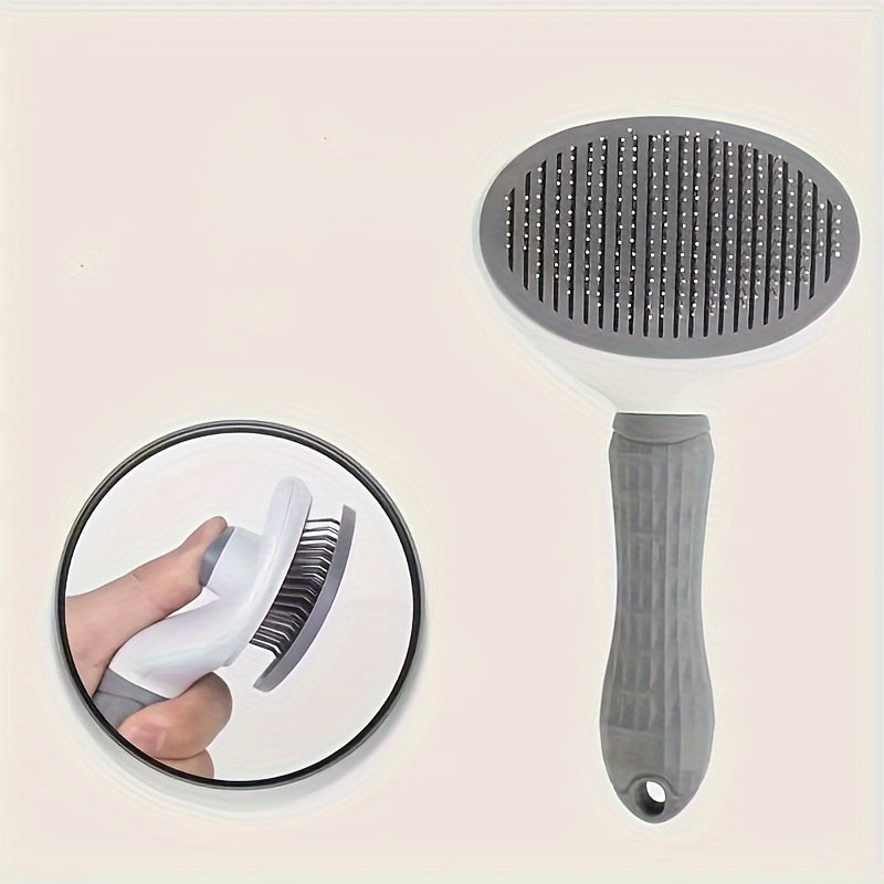 Pet hair removal comb with one-button operation, ideal for grooming and massaging dogs and cats.