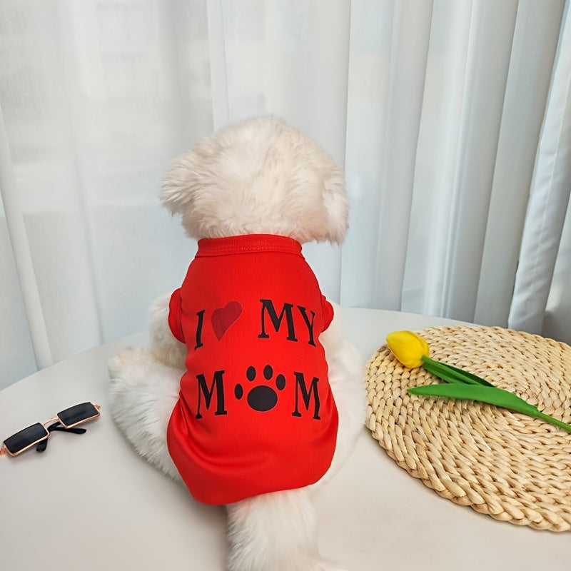 Pet T-Shirt Vest for Dogs and Cats with "I Love My Mom" Print, Made of Breathable Knitted Polyester for all Seasons, Available in Small to Large Sizes.