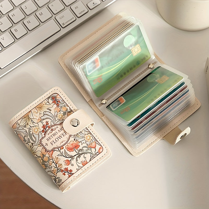 Compact floral credit card holder with delicate design, multiple card slots, and large capacity for driver's license, business cards, and documents.