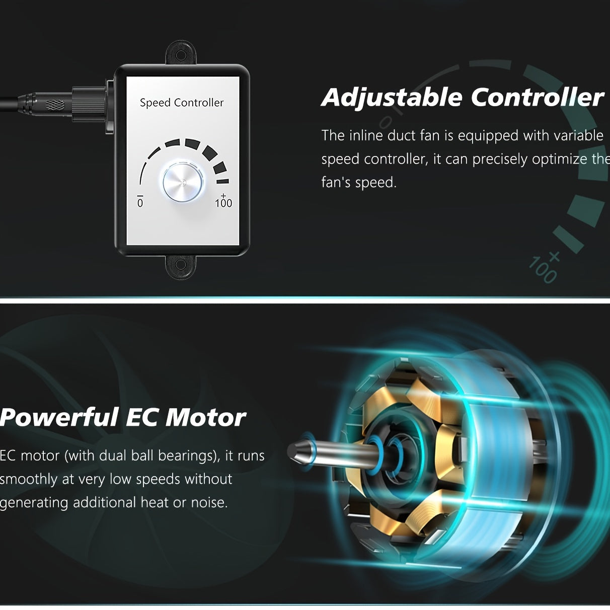 1 piece 10.16 cm inline EC motor duct fan with variable speed controller for ventilation, exhaust fan for heating, cooling booster, grow tents, hydroponics (146 CFM)