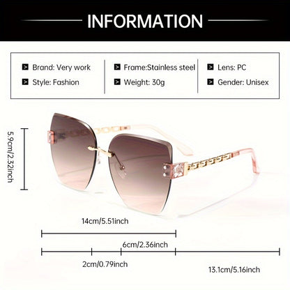 Verywork Women's Retro Square Frame Fashion Glasses with Stainless steel, Gradient Pink to Brown Lenses, Golden-Tone Chain Detail; Perfect for Daily Wear & Carnival; Stylish glasses.