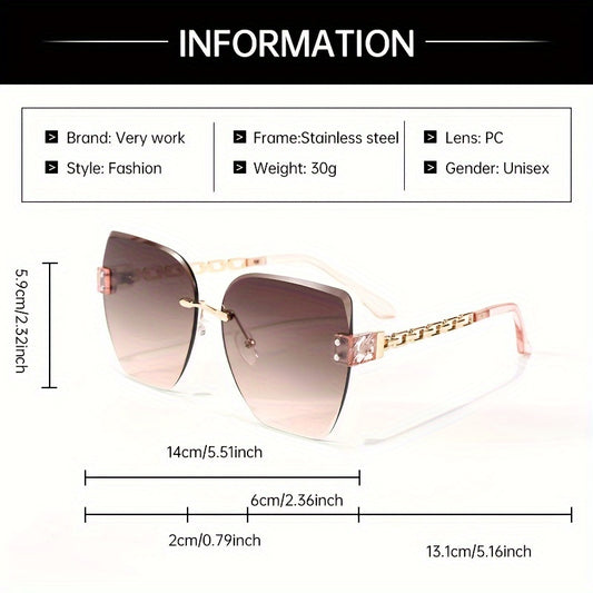 Verywork Women's Retro Square Frame Fashion Glasses with Stainless steel, Gradient Pink to Brown Lenses, Golden-Tone Chain Detail; Perfect for Daily Wear & Carnival; Stylish glasses.