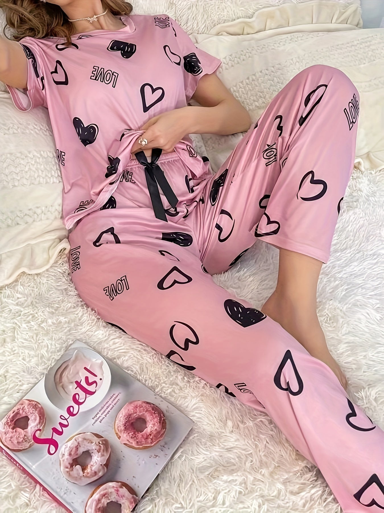 Valentine's Day Pajama Set: Heart & Letter Print, Short Sleeve Top & Elastic Pants, Women's Sleepwear & Loungewear.