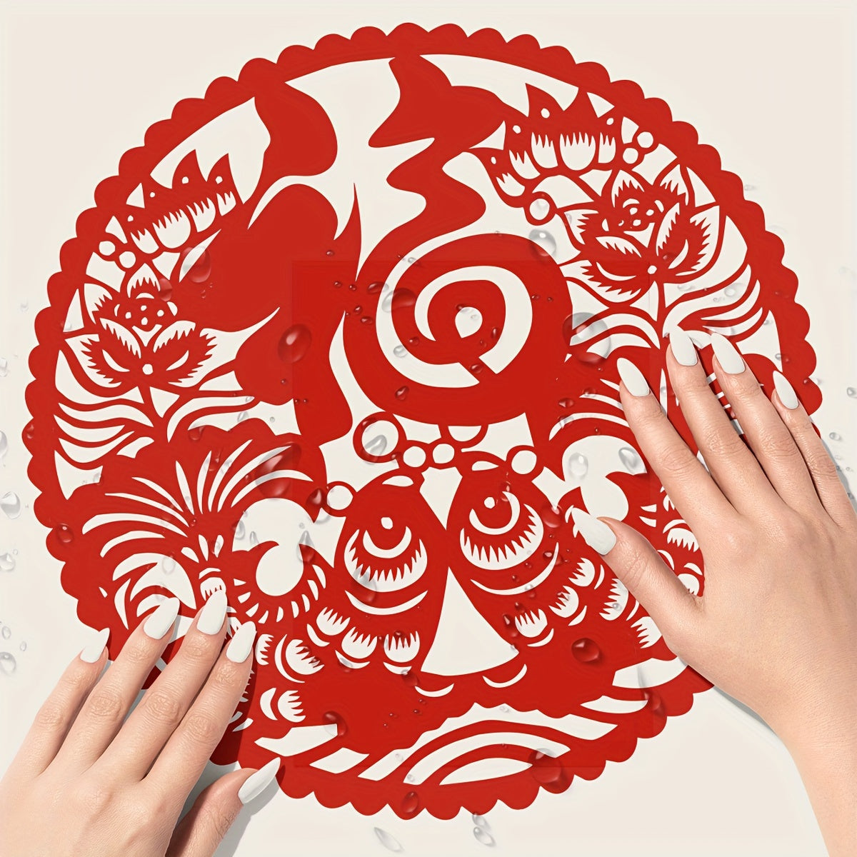 Celebrate the Spring Festival with this set of two red 'Fu' character, fish, and plum blossom window stickers. These waterproof and self-adhesive stickers feature double-sided designs and are suitable for various scenes such as kitchen, bedroom, and