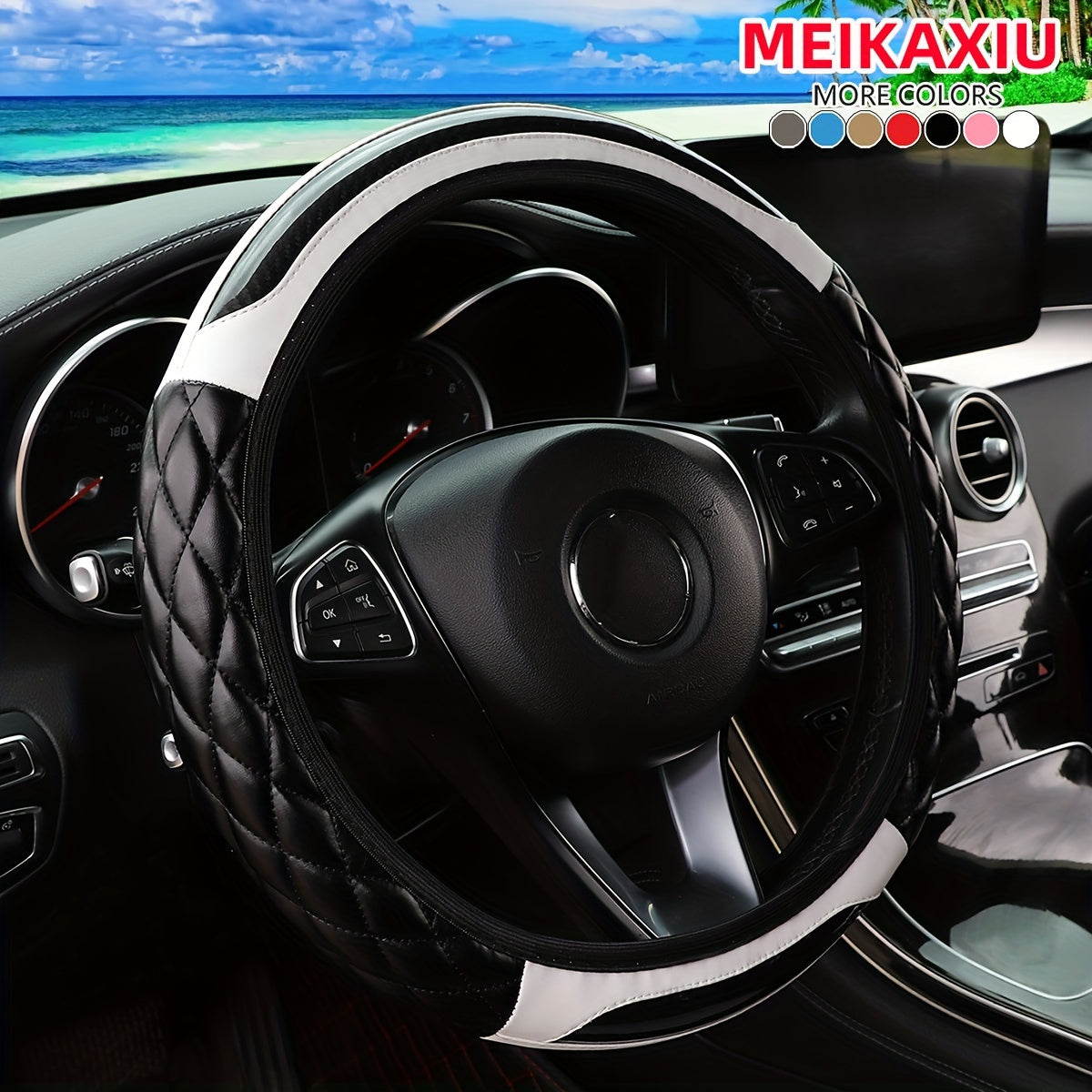 MEIKAXIU 3D Embroidered Crystal Carbon Fiber Faux Leather Steering Wheel Cover, Universal Fit for 36.83-38.1 cm, Available in 5 colors.