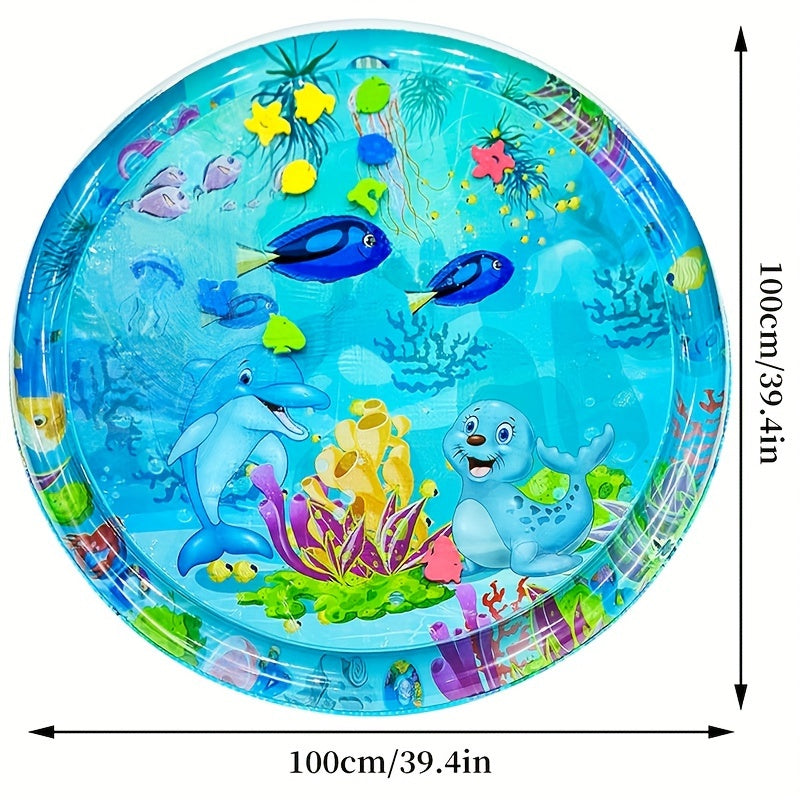 Large round inflatable water mat with cartoon design, perfect for crawling and playing in the water. A fun game pad for summer holidays, can also make a great gift.