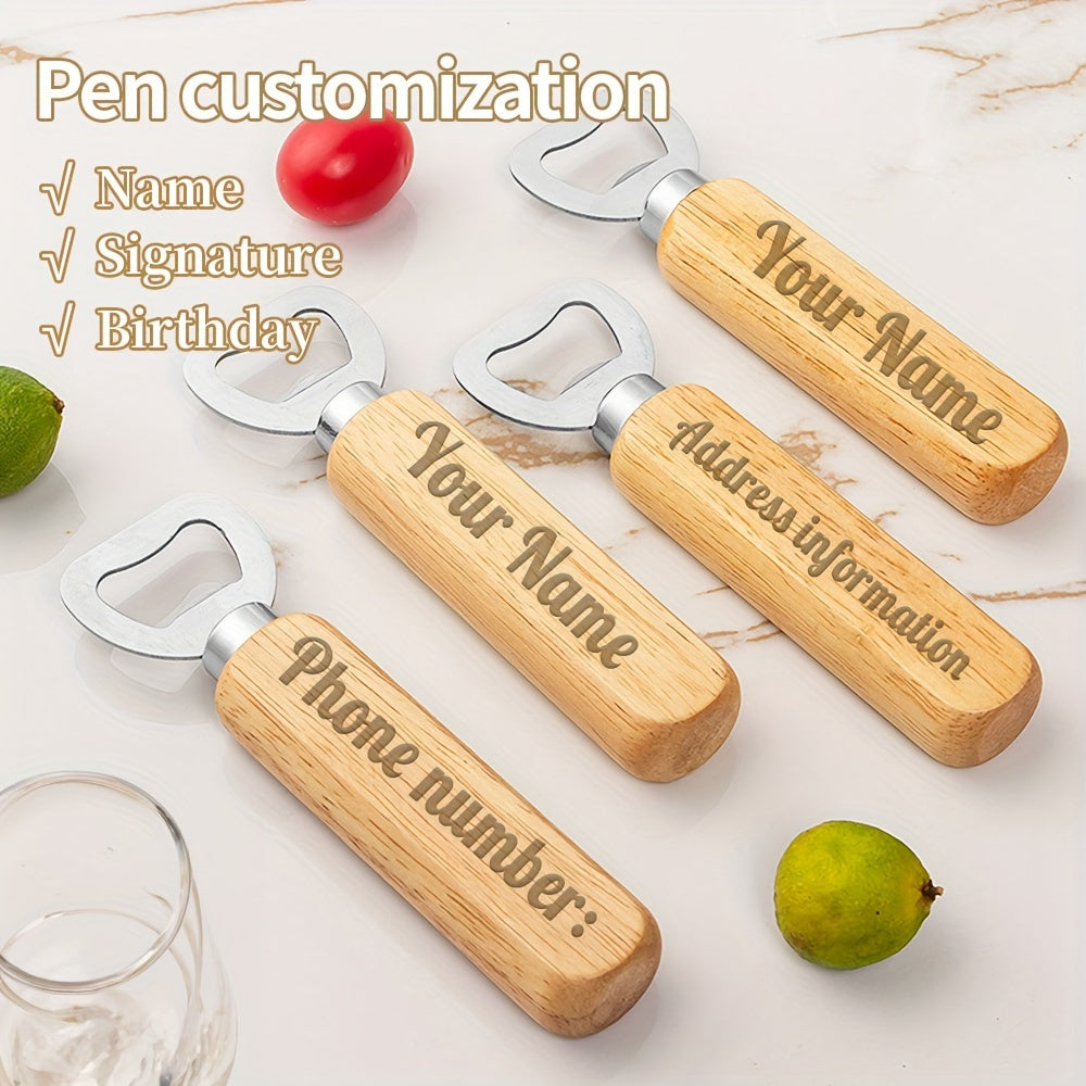 Custom wooden handle opener with engraved logo/name/phone number, perfect for beer festivals and holidays. Stainless steel cap lifter keychain, no power needed.