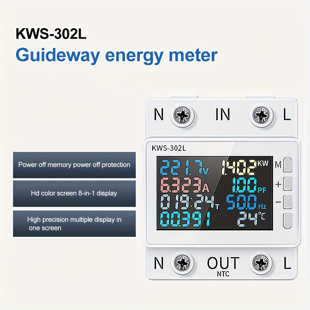 1pc 8IN1 Din Rail AC Monitor measures AC170-300V 220V 63A, including voltage, current, power factor and active power.