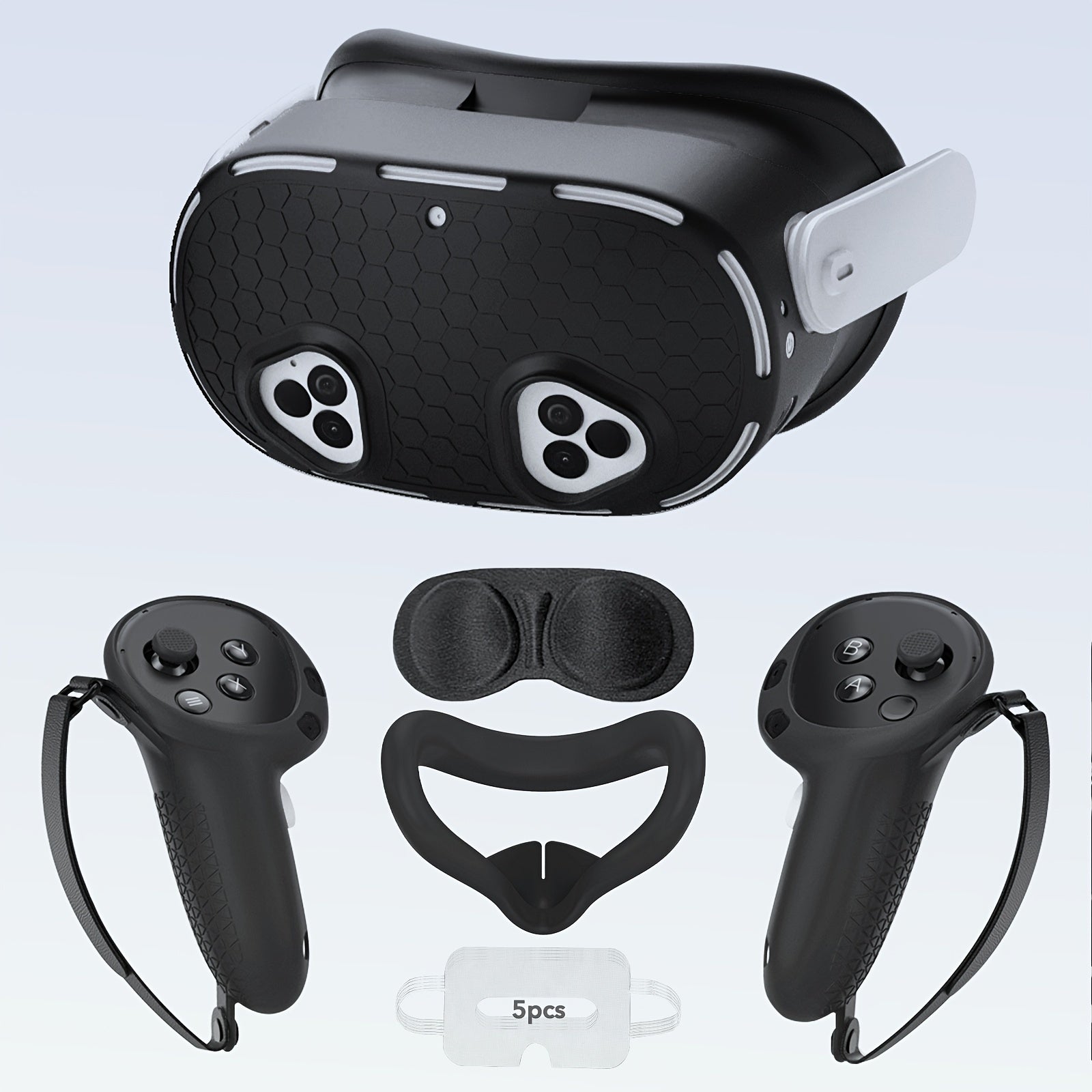 Silicone protection case set for Oculus/Meta Quest 3S includes soft shell case for headset and controller, anti-slip handle, facial and eye protection pads, disposable eye mask. Does not