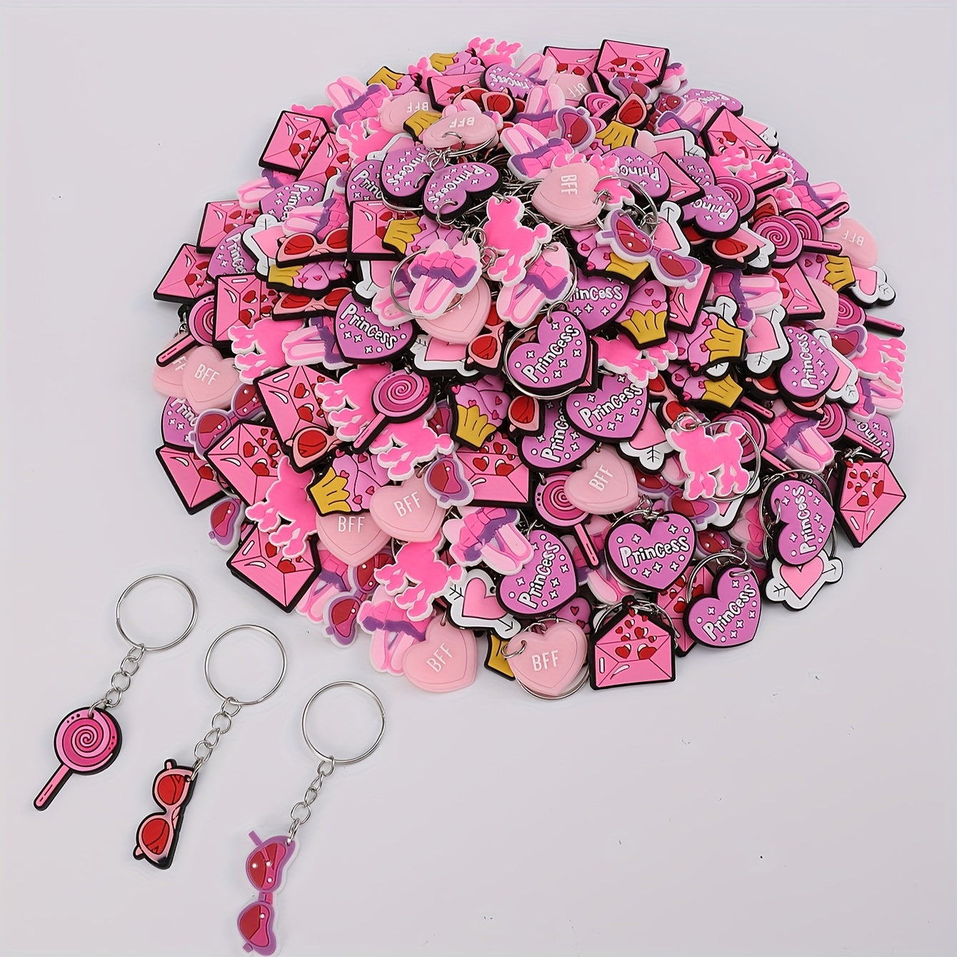 Stylish Pink PVC Keychain Set - Variety of Adorable Cartoon Charms featuring Hearts, Poodles, Ice Cream & Lollipops - Ideal Present for ladies and young girls