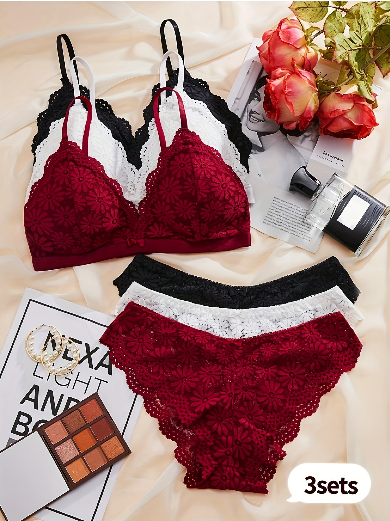 Sexy floral lace bra and panties set with romantic triangle cup design and shell detailing. Made of 90% polyamide and 10% elastane knit fabric for teens. Solid color with contrast lace