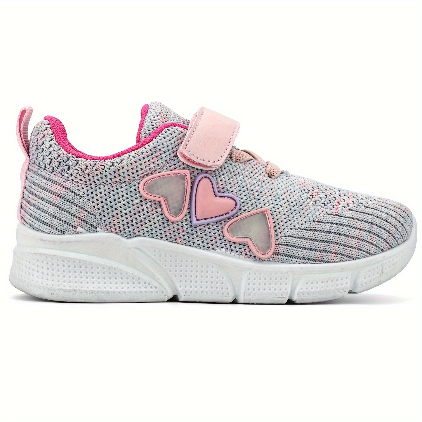 Kids' pink heart design athletic sneakers with breathable knit upper, secure hook-and-loop closure, non-slip rubber sole, perfect for running and walking all year round.