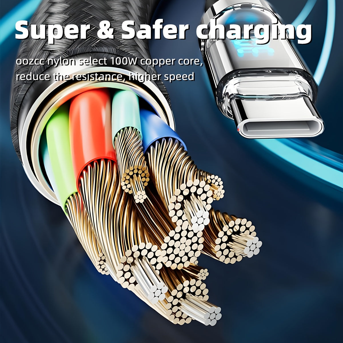 Speedy 100W USB Type C cable with LED display, PVC/Nylon construction, round shape, and fast charging capability for car use.