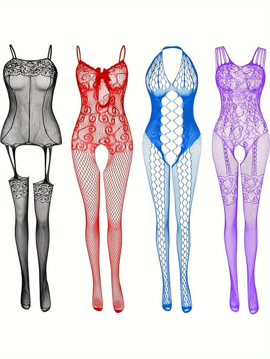 Women's sexy red lace fishnet bodysuit, perfect for date nights, parties, and special occasions. Can be worn as pajamas, underwear, or clubwear. Great for Valentine's Day, bridal nights, and honeymoons. Comfortable and elastic fit.