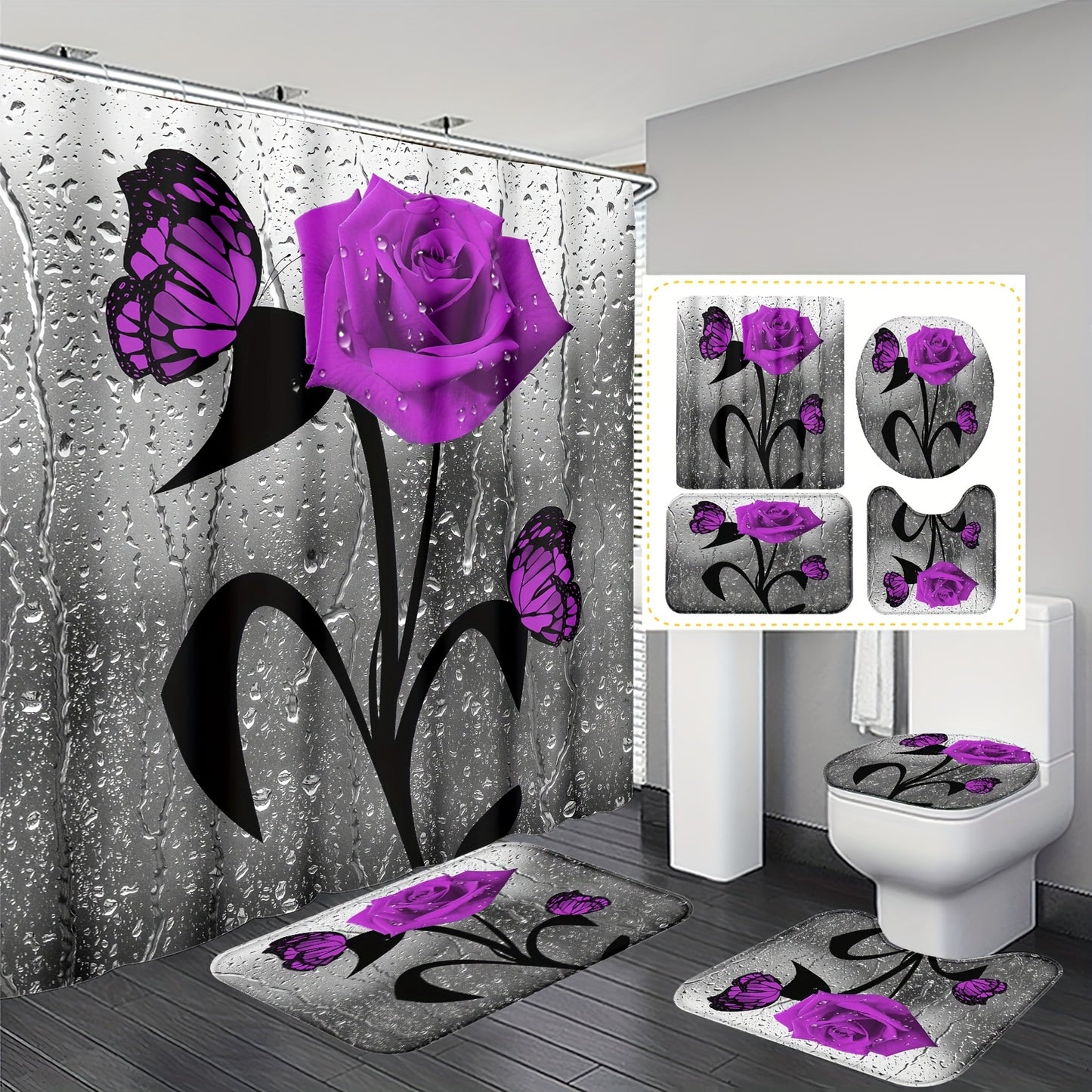 Water drop rose printed shower curtain set with hooks, non-slip mat, toilet lid mat, U-shape mat, and bathtub partition, a complete bathroom accessory set for home decor.