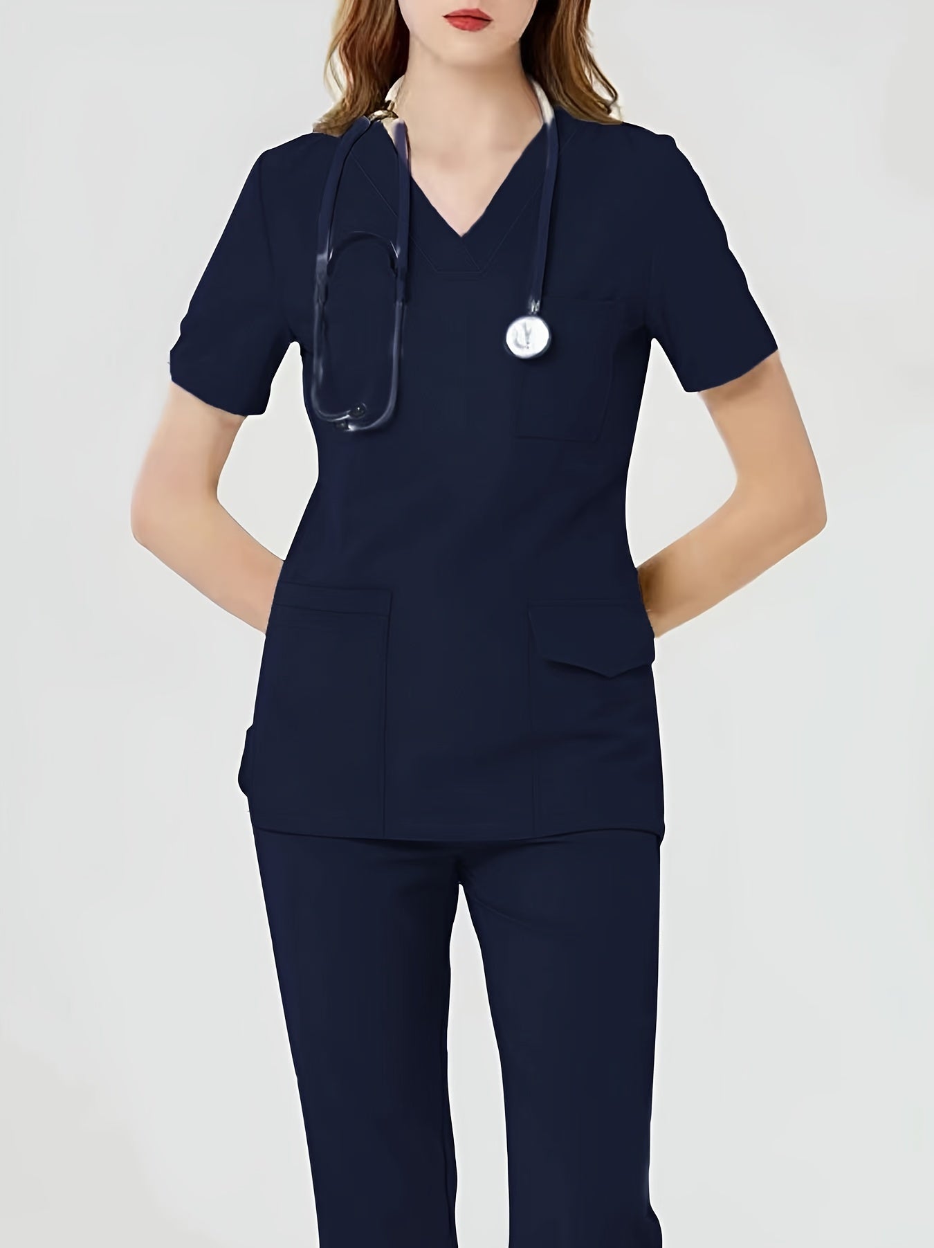 Women's Health Care Uniform Set: Cozy V-neck Top with Pockets and Solid Pants