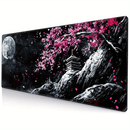 Cherry Blossom & Moon Artistic Mouse Pad - Non-Slip Rubber Base, Precision Stitching, Extended Large Mat for Gaming, Office, Study, Natural Rubber Material, Vibrant Colors, Durable Design