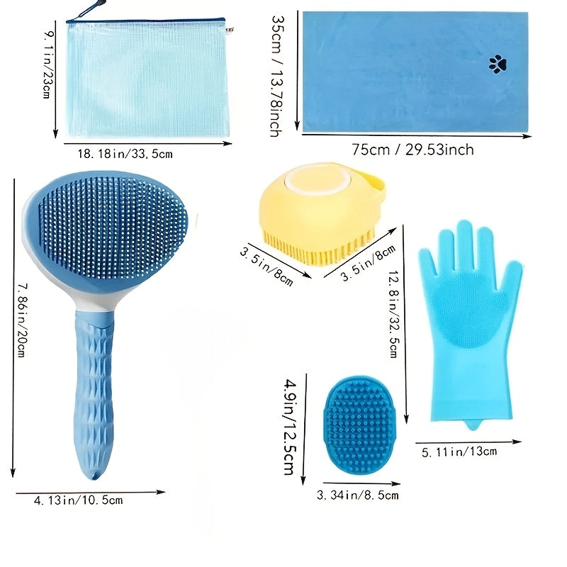 6-piece dog grooming kit includes silicone bath brush, microfiber towel, washing gloves, shedding tool for shiny coat without power needed. Essential care for pets.