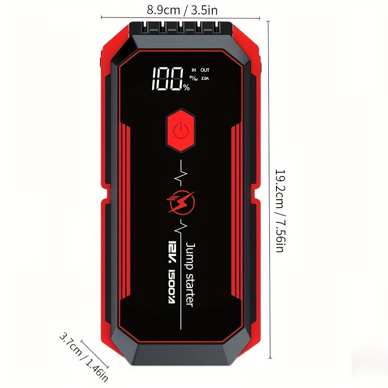 2500A Portable Car Jump Starter with fast charging, LED light, USB QC3.0, suitable for up to 8L gas & 7L diesel engines, and lithium polymer battery.