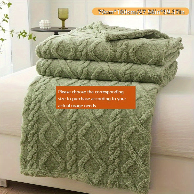 1pc Cozy Plush Fleece Blanket in chic diamond design, perfect for bed, sofa, or travel. Soft, thick, and warm for all-season comfort. Hand wash only. Available in light green, cream, blue, and pink options. Great for travel or adding chic style to your