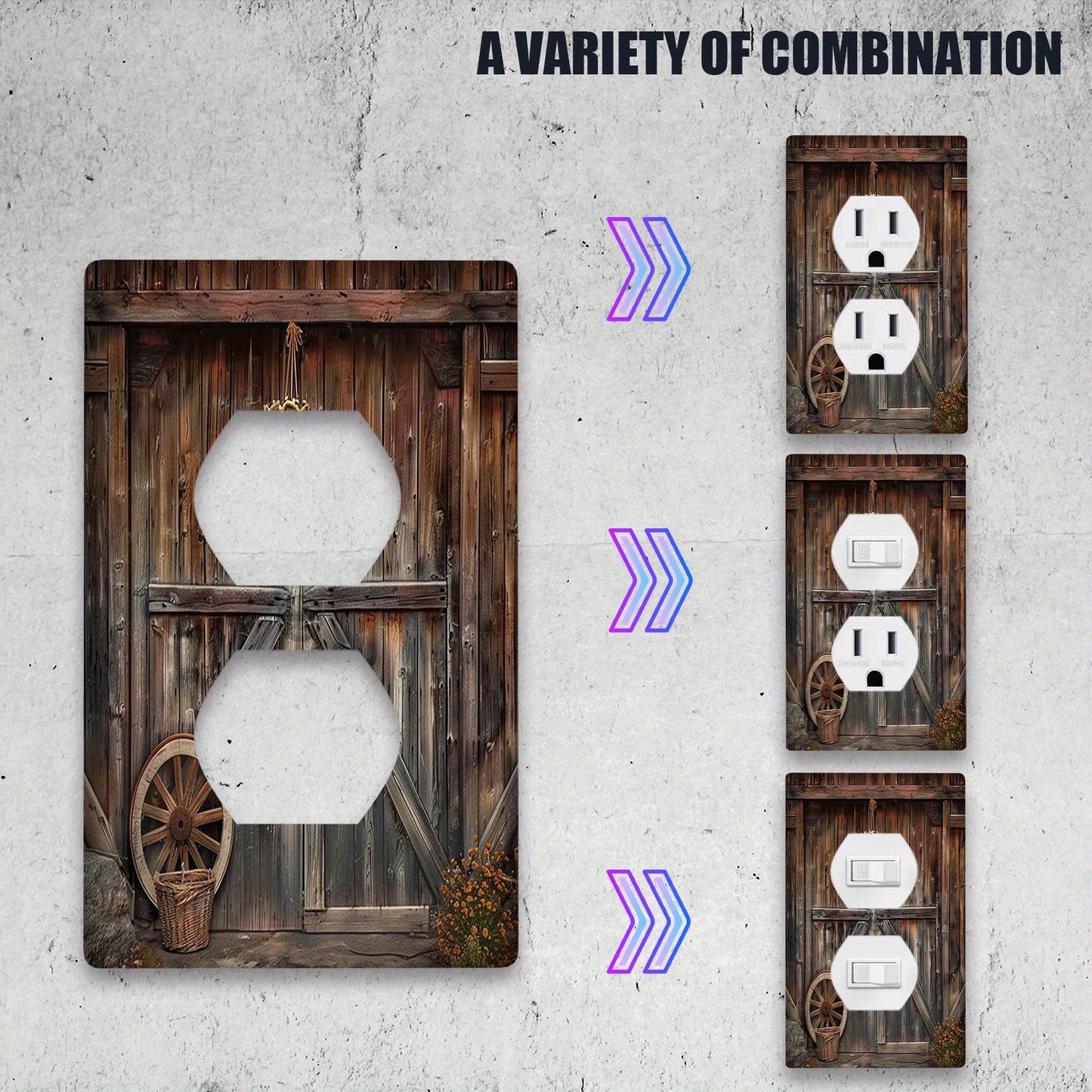 Rustic barn door design light switch cover and outlet covers for kitchen and bedroom electrical decor - single pack available in 1-gang or 2-gang sizes.