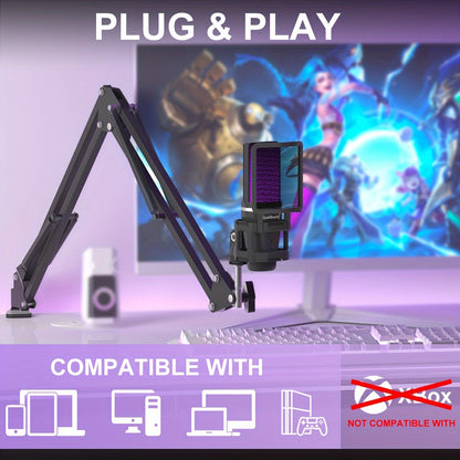 ZealSound USB игровой микрофонный комплект с подставкой, RGB подсветкой и функцией Plug&Play для стриминга на ПК и компьютере в черном цвете.