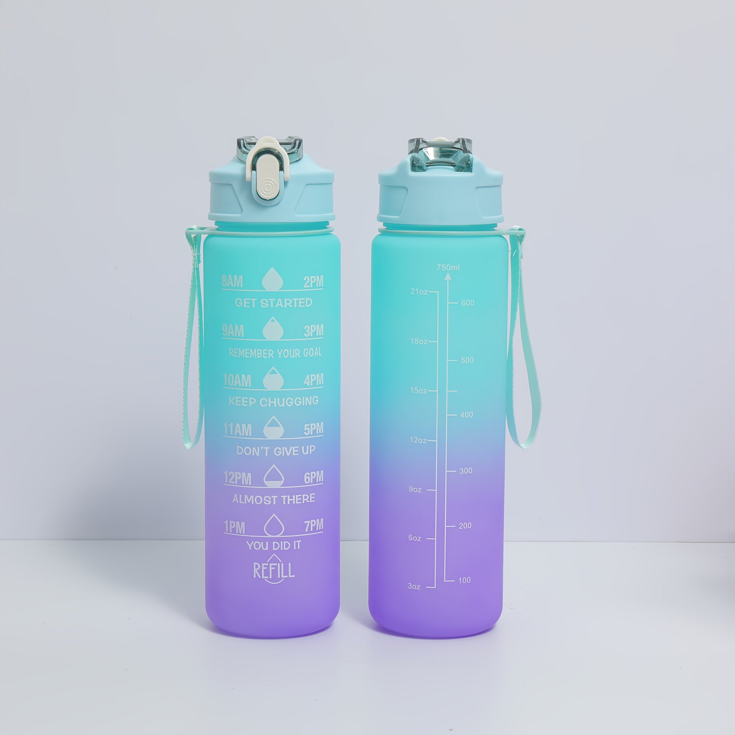 Lightweight water bottle with straw and time stamp, fixed hand strap prevents falling off, practical for daily outings and various sports, reasonable liquid capacity design for reassurance.