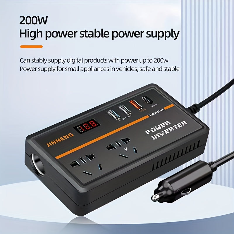 Power converter for vehicles changes 12V/24V to 220V, with USB charging, digital voltage display, no battery.