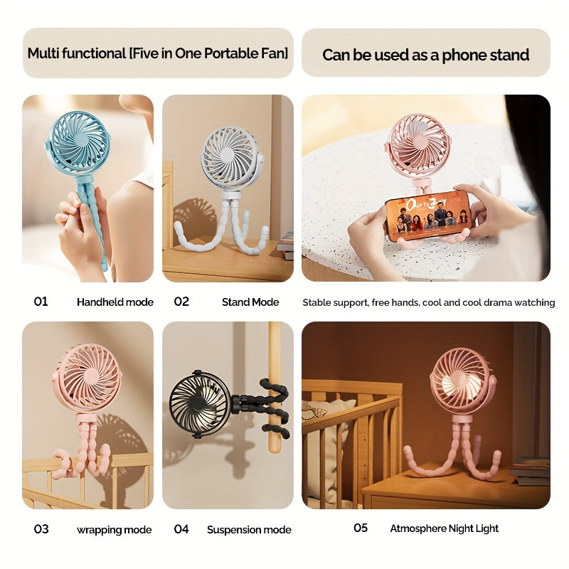 Handheld USB Rechargeable Fan with Octopus-Style Design - Portable and Adjustable 3-Speed Airflow for Indoor and Outdoor Use.