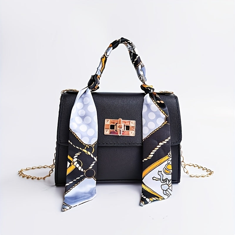 Elegant PU leather crossbody bag with geometric print and scarf accent. Lightweight and versatile, available in various colors.