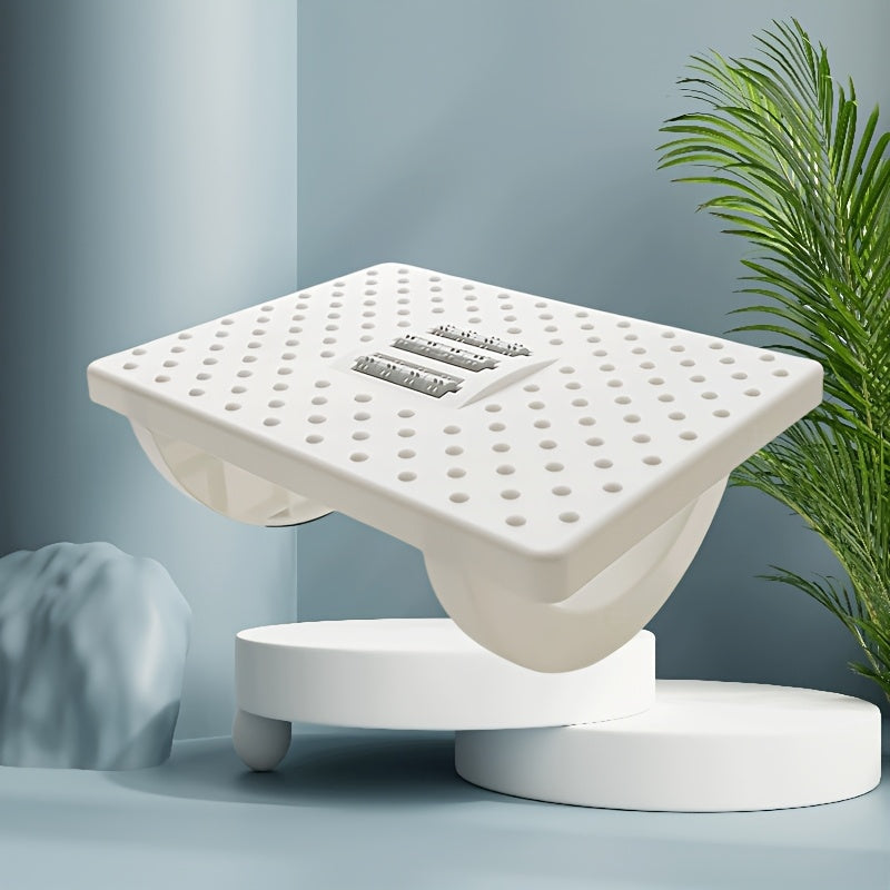 1-piece Ergonomic Anti-Skid Desk Footstool made of plastic with square shape designed for office use. It can be folded and used as a work platform or ottoman with non-electric features. The footstool has durable thick legs and a space-saving design.