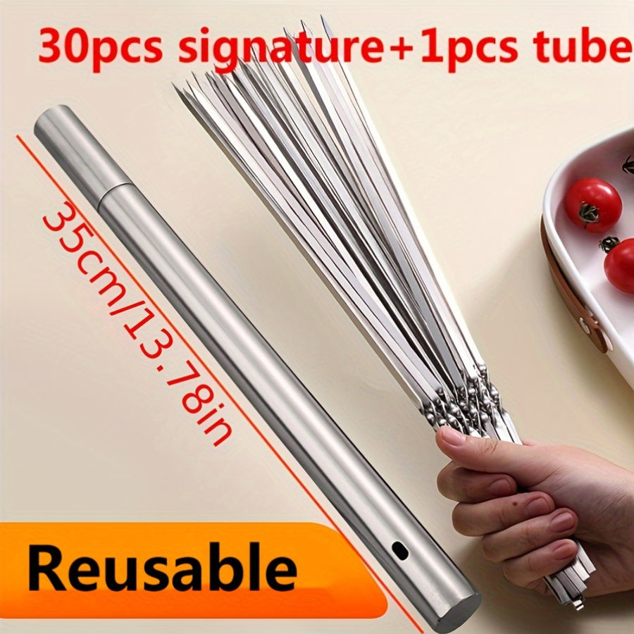 Set of stainless steel barbecue skewers - available in sets of 30 or 50 pieces. These reusable metal kebab sticks are durable, easy to clean, and heat-resistant for grilling meats. Perfect for outdoor camping, picnics, and backyard BBQs.