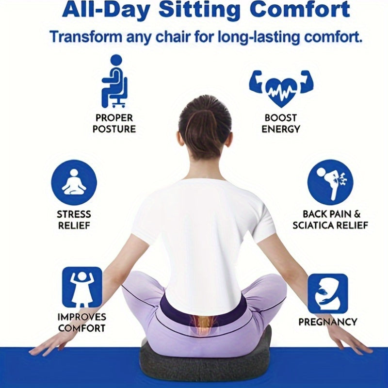 Memory foam seat cushion for extended sitting comfort at home, office, car, or wheelchair - designed for hip, tailbone, coccyx, and sciatica relief.