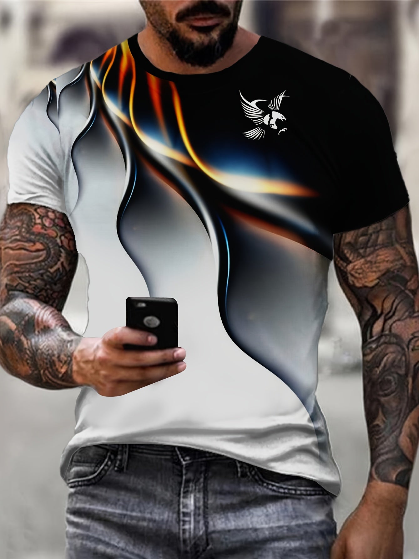 Men's stylish and comfortable print T-shirt made of 100% polyester knit fabric with a slight stretch and regular fit.