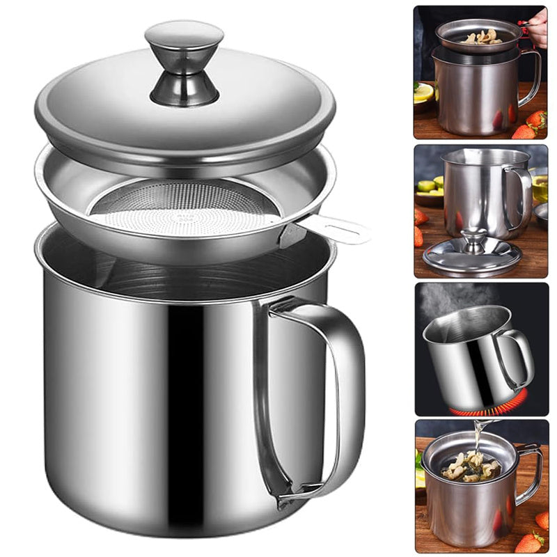 Stainless Steel Grease Keeper with Strainer - Large Food-Grade Oil Storage Pot - Includes Pouring Spout and Lid for Kitchen Oil Filtration and Storage - Safe Cooking Oil Container for Home Use - 43.96oz