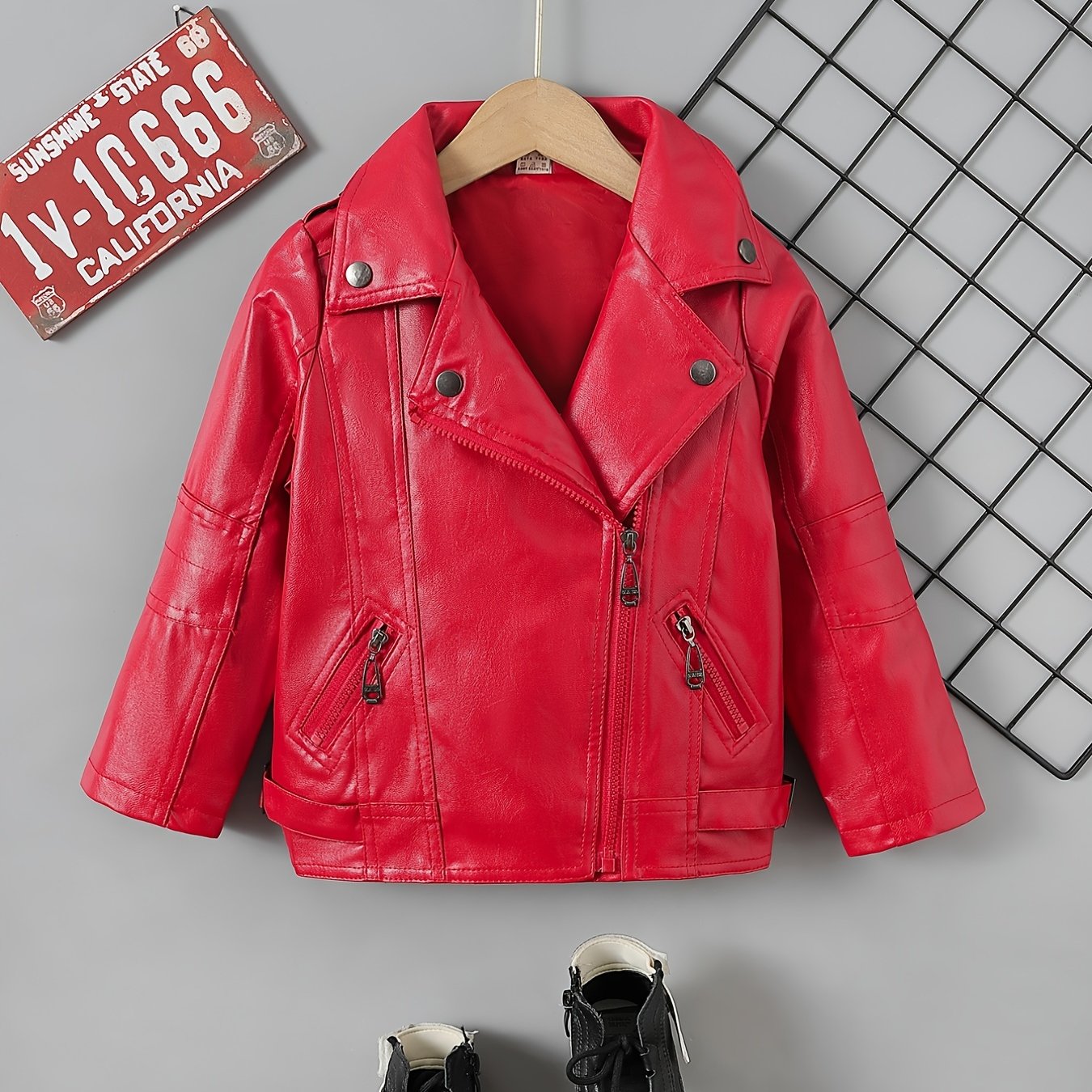 Boys' red jacket with lapel collar and zipper details, machine washable, all-season, durable polyester.