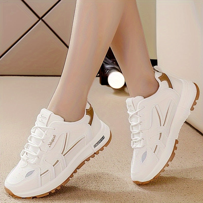 Casual women's running sneakers in white and brown, lace-up low-top design with textured faux leather upper and durable PU sole, comfortable all-season footwear.