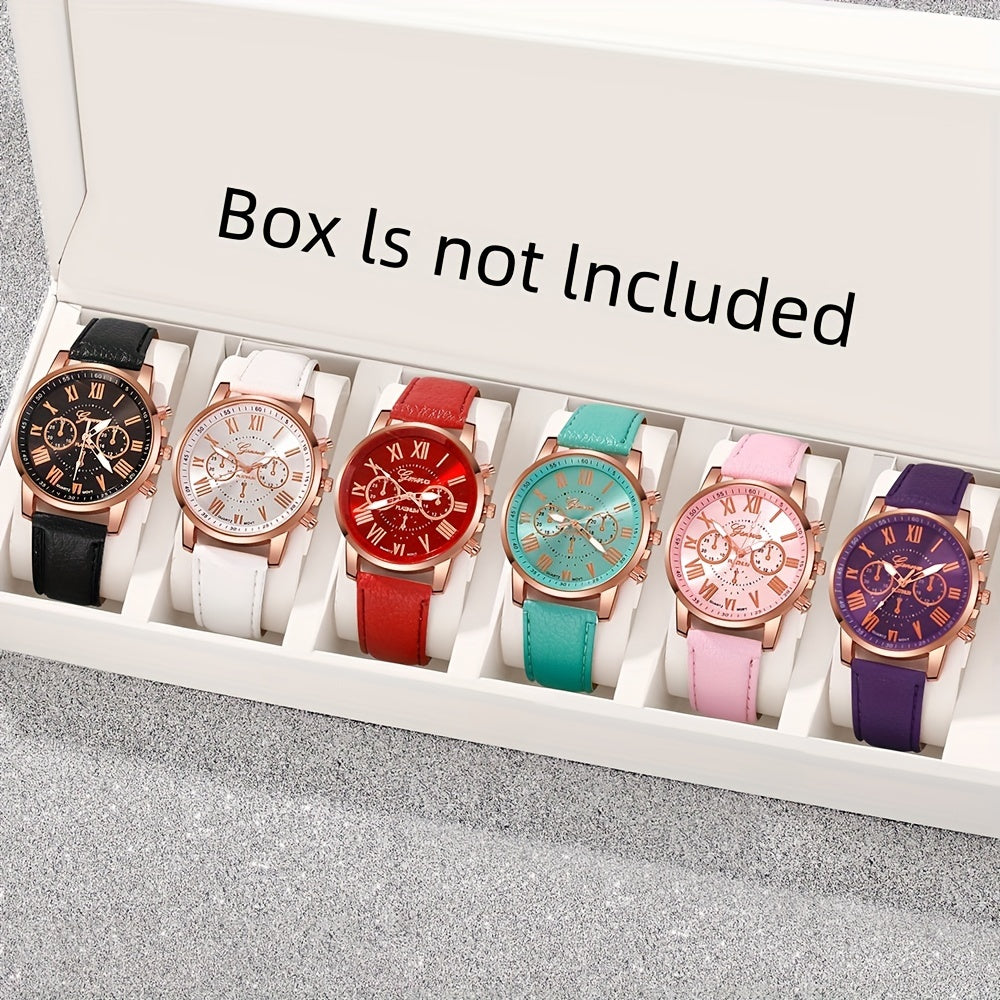 6pcs women's quartz watch set with fashionable round dial and Roman numerals. PU leather strap, zinc alloy case. Ideal gift for elegant ladies. Non-rechargeable battery included. Suitable