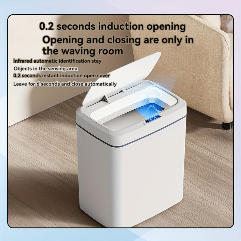 White smart trash can with automatic opening, infrared sensing, and button control for home and office use.