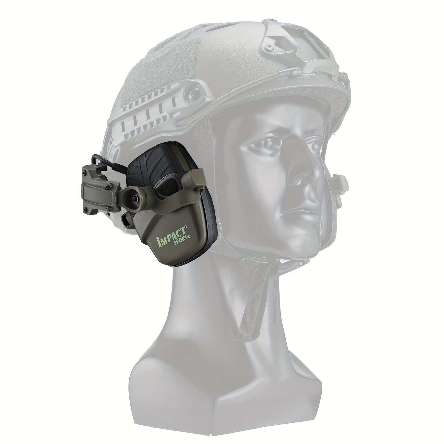 Helmet-mounted tactical shooting earmuffs with electronic sound pickup, active noise reduction, and no battery requirement.