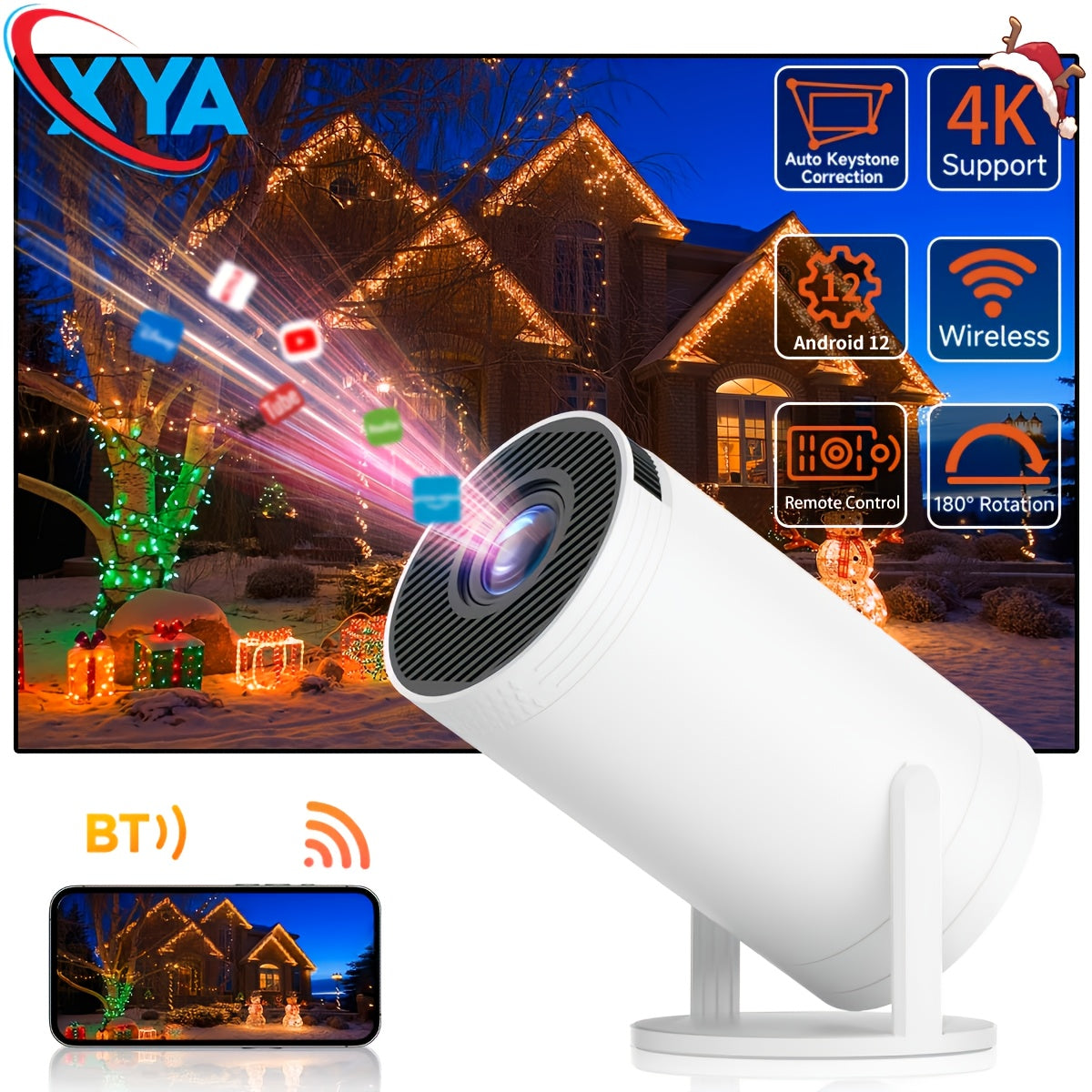 XYA Mini Projector with WiFi6 and BT 5.2, 4K/1080P Full HD Portable, 13000 Lumens, 3.3m Display, Rotatable Stand, Remote Control, Home Theater & Office Projector.