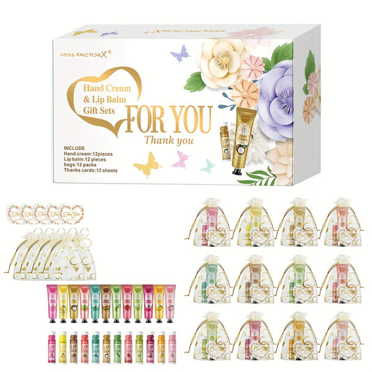 12-piece MISS FACTORX Hand Cream & Lip Balm Gift Set with hyaluronic acid and glycerin, floral-scented products in heart-shaped pouches and thank you cards, perfect for weddings, corporate