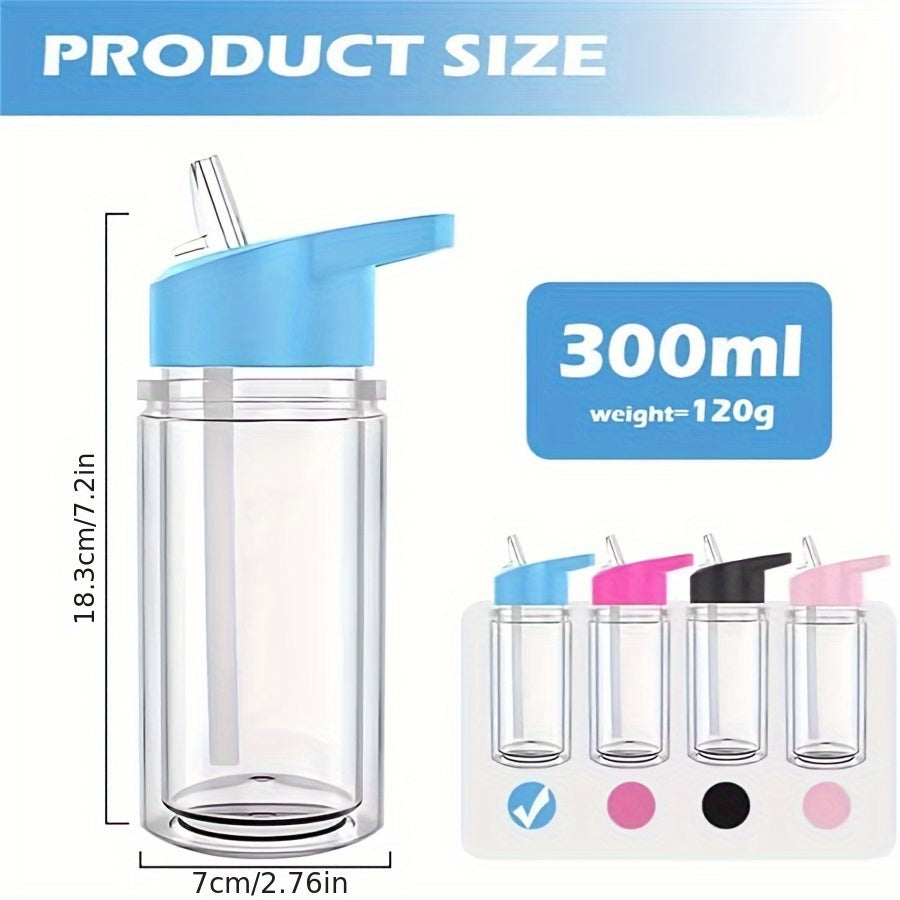 Set of four 10oz double-wall insulated plastic water bottles with retractable spouts, break-resistant, PVC-free, lightweight, hand-wash only, perfect for outdoor, travel, and home use.