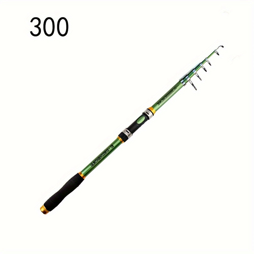 Telescopic fishing rod made of carbon fiber and FRP, 30-70cm extendable with green and black design. Features comfort foam handle and durable ceramic and stainless steel reel seat. Ideal