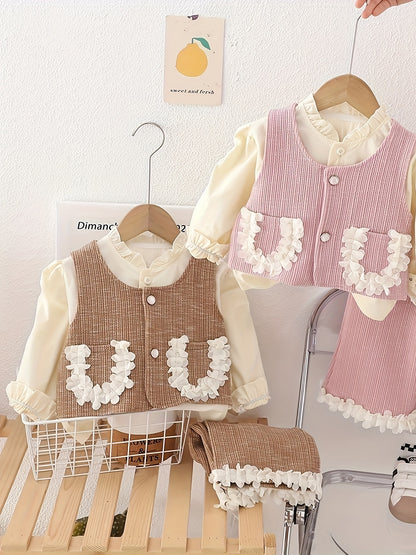 Girls' Autumn Outfit: Shirt, Vest with Lace Pockets, Trousers Set