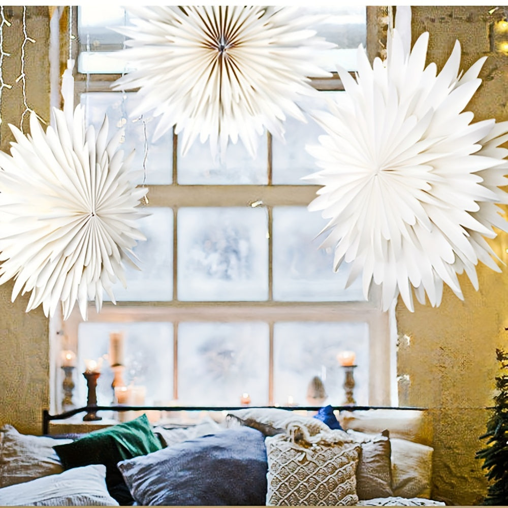 White 3D paper snowflake ornament for seasonal home decor, with cord for easy hanging at events such as weddings, birthdays, and parties.