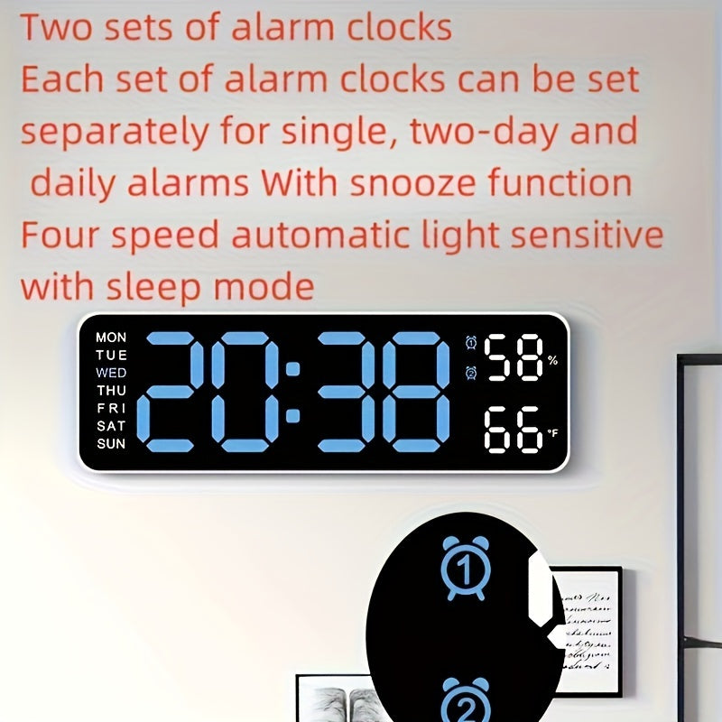 RIDAHOME LED clock with large display, temperature, humidity, and weather icons. USB powered, wall-mountable for home and office decor.