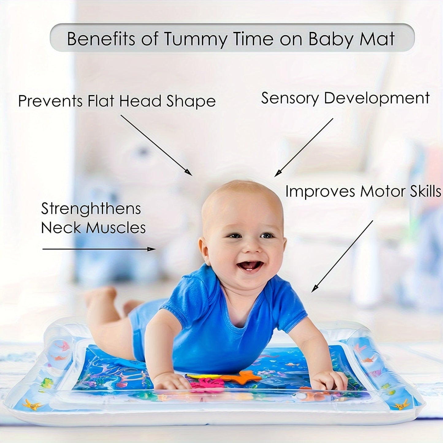 The WELLFAR Inflatable Tummy Time Water Mat is a PVC activity play pad designed to stimulate sensory development in babies aged 0-3 years. This blue toy provides a fun and engaging way for young children to explore and play.