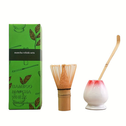 Complete Set of Traditional Japanese Matcha Tools - Includes Bamboo Whisk, Ceramic Spout, and Scoop - Ideal for Holiday Season