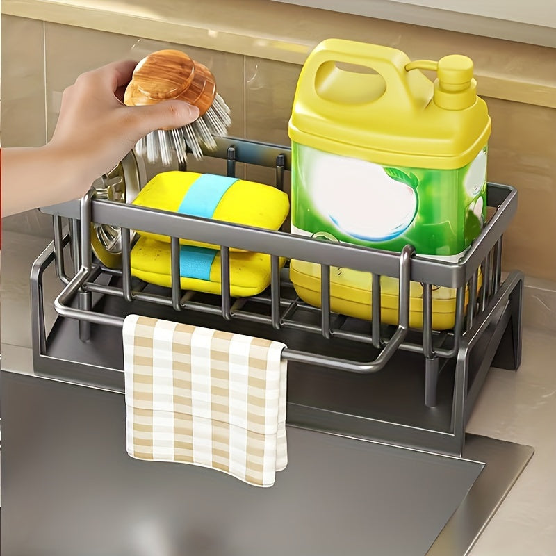 Space-Saving Metal Kitchen Sink Organizer: This durable dish rack includes a drainage basket for efficient cleaning tool storage. It features a cloth holder and cup organizer. Please note that the plastic used is not food-safe. Perfect for drying dishes